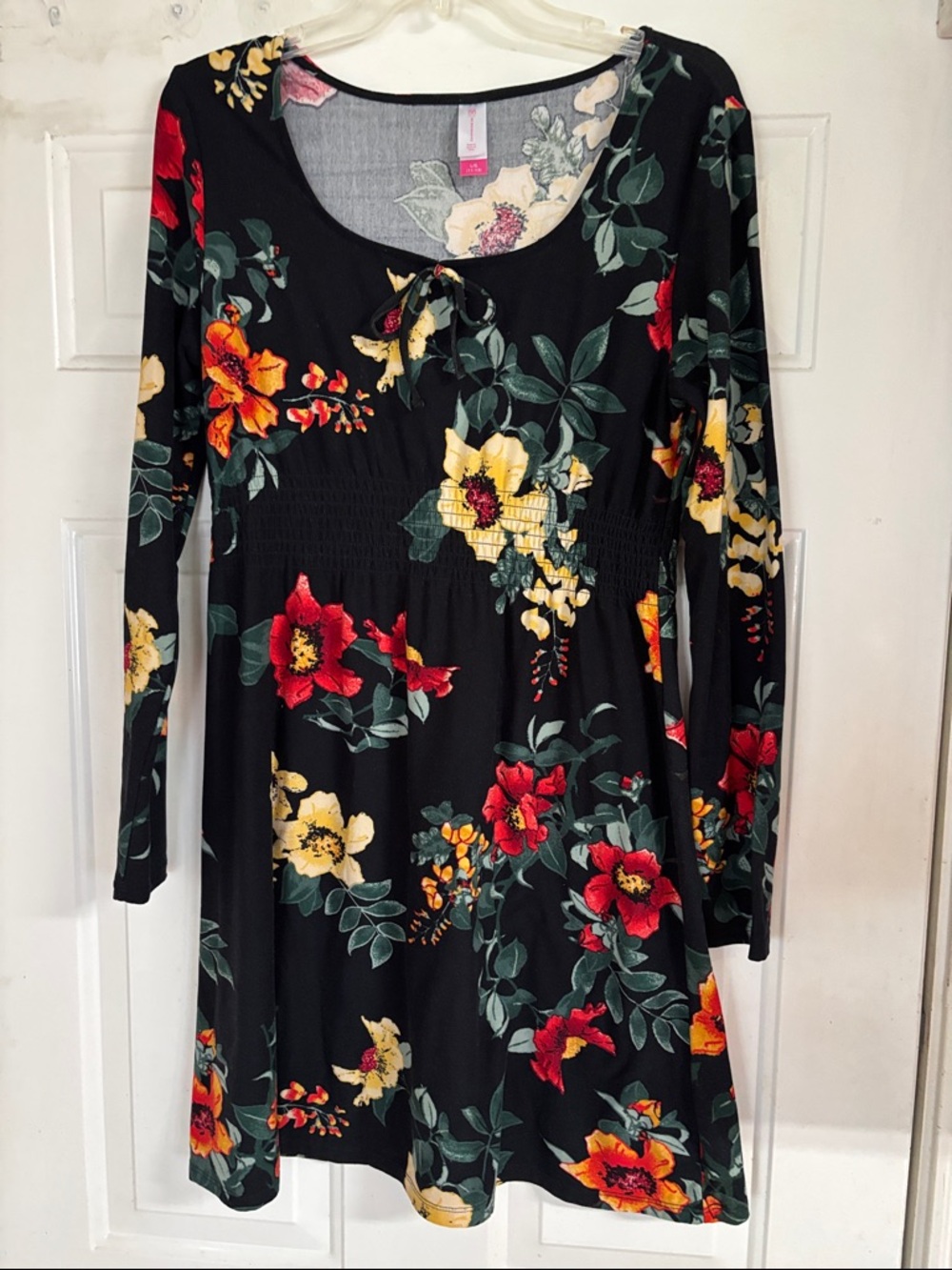 No Boundaries Black Floral Long-Sleeve Dress with Red & Yellow Blooms